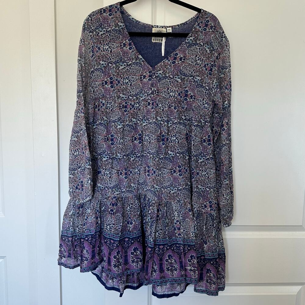 Blue Boheme (S) Bohemian Chic Flowy Mini Dress Lightweight Artsy Cotton Paisley